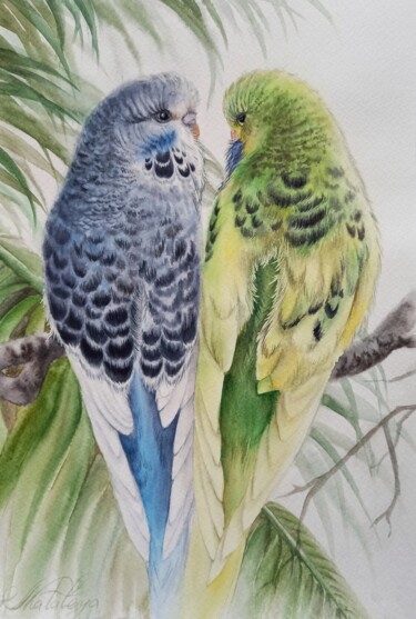 Schilderij getiteld "Paradise parrots" door Olga Matyunina, Origineel Kunstwerk, Aquarel