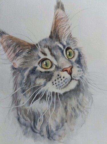 Painting titled "Cat with curly must…" by Olga Matyunina, Original Artwork, Watercolor