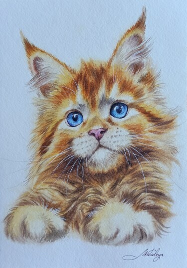 Schilderij getiteld "red kitten" door Olga Matyunina, Origineel Kunstwerk, Aquarel