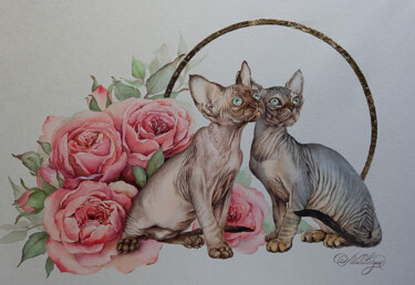 Painting titled "Kittens in flowers" by Olga Matyunina, Original Artwork, Watercolor