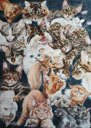 Painting titled "Lots of cats" by Olga Matyunina, Original Artwork, Watercolor