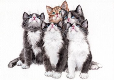 Картина под названием "Lots of cute kittens" - Olga Matyunina, Подлинное произведение искусства, Акварель