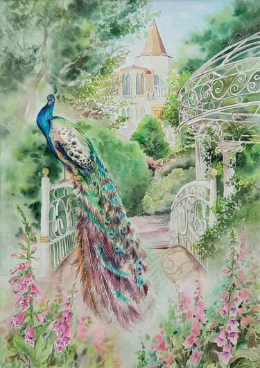 Malerei mit dem Titel "Peacock in a beauti…" von Olga Matyunina, Original-Kunstwerk, Aquarell