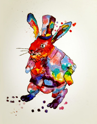 Картина под названием "Rabbit in a top hat" - Olga Meer, Подлинное произведение искусства, Акварель
