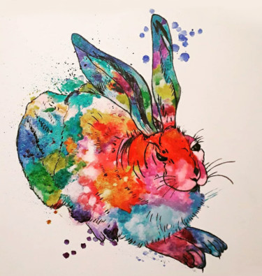 Картина под названием "Rabbit" - Olga Meer, Подлинное произведение искусства, Акварель