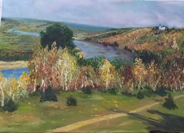 Pintura titulada "Autumnal Riverscape" por Olga Minasyan, Obra de arte original, Oleo
