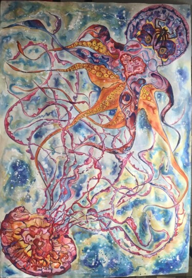 Dessin intitulée "romantic date octop…" par Olga Nevena, Œuvre d'art originale, Aquarelle