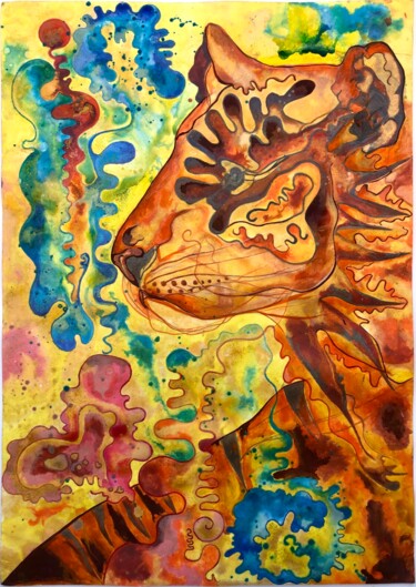 Disegno intitolato "Tiger experimental" da Olga Nevena, Opera d'arte originale, Acquarello