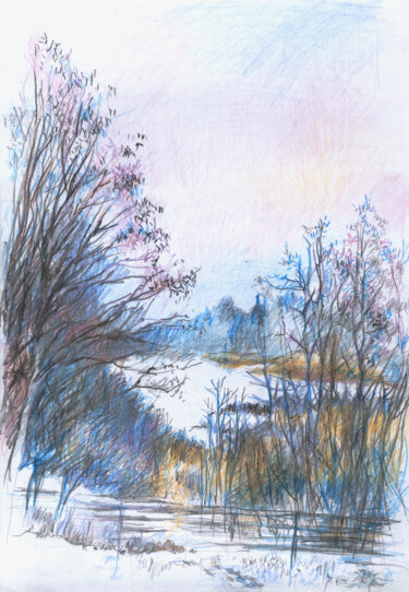 Zeichnungen mit dem Titel "Spring landscape ov…" von Olga Osipenko (Mariaiva), Original-Kunstwerk, Conté-Buntstifte