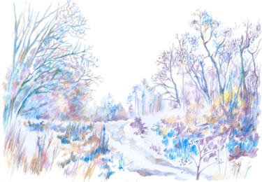 Desenho intitulada "Winter landscape wi…" por Olga Osipenko (Mariaiva), Obras de arte originais, Conté