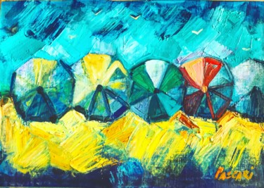 Painting titled "Beach umbrellas" by Olga Pascari, Original Artwork, Oil