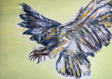 Malerei mit dem Titel "Bird on a yellow ba…" von Olga Plokhinova, Original-Kunstwerk, Öl