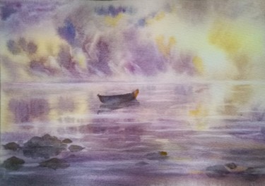 Schilderij getiteld "purple sea" door Olga Polianska, Origineel Kunstwerk, Aquarel