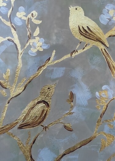 Painting titled ""Golden birds on a…" by Olga Ponomarenko, Original Artwork, Acrylic Mounted on Cardboard