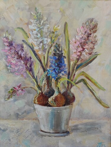 Painting titled ""Hyacinths" origina…" by Olga Ponomarenko, Original Artwork, Oil Mounted on Wood Stretcher frame