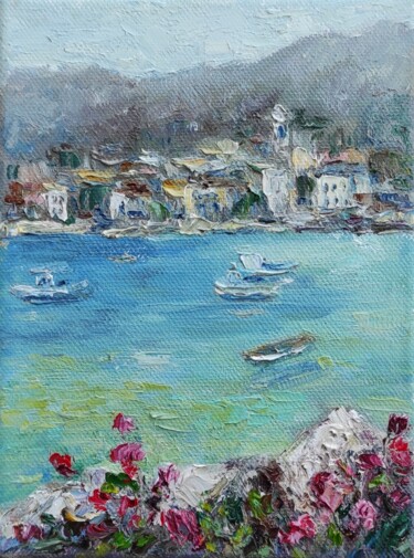 Schilderij getiteld "Greek sea landscape…" door Olga Ponomarenko, Origineel Kunstwerk, Olie Gemonteerd op Frame voor houten…