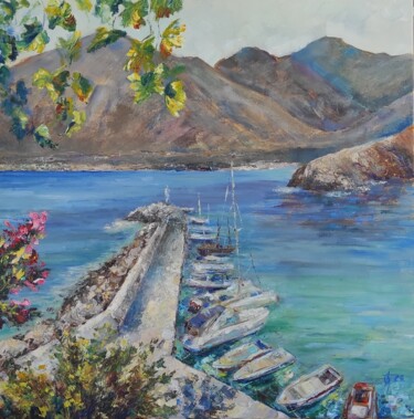 Painting titled ""A bay in Greece" o…" by Olga Ponomarenko, Original Artwork, Oil Mounted on Wood Stretcher frame