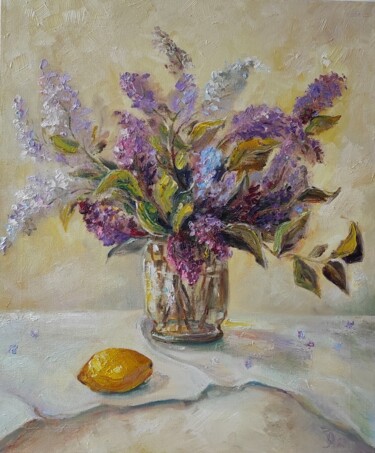Painting titled "Lilac bush. Origina…" by Olga Ponomarenko, Original Artwork, Oil Mounted on Wood Stretcher frame