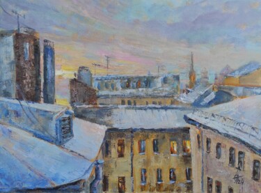Painting titled ""Dawn over the roof…" by Olga Ponomarenko, Original Artwork, Oil Mounted on Wood Stretcher frame
