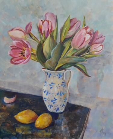 Картина под названием "Pink tulips. Origin…" - Olga Ponomarenko, Подлинное произведение искусства, Масло Установлен на Дерев…