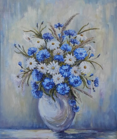 Картина под названием "Daisies and cornflo…" - Olga Ponomarenko, Подлинное произведение искусства, Масло Установлен на Дерев…