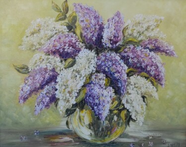 Painting titled "Lilac. Original oil…" by Olga Ponomarenko, Original Artwork, Oil Mounted on Wood Stretcher frame