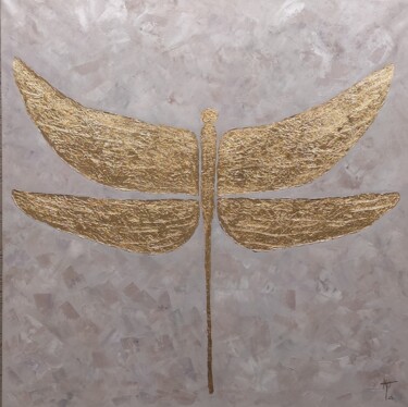 Painting titled ""The golden dragonf…" by Olga Ponomarenko, Original Artwork, Acrylic Mounted on Wood Stretcher frame