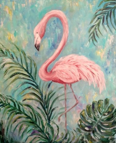 Картина под названием "Pink Flamingo. Orig…" - Olga Ponomarenko, Подлинное произведение искусства, Масло Установлен на Дерев…