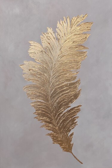 Painting titled "A golden feather. T…" by Olga Ponomarenko, Original Artwork, Acrylic Mounted on Wood Stretcher frame