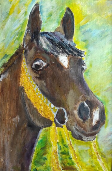 Painting titled "Horse. Original oil…" by Olga Ponomarenko, Original Artwork, Oil Mounted on Wood Stretcher frame