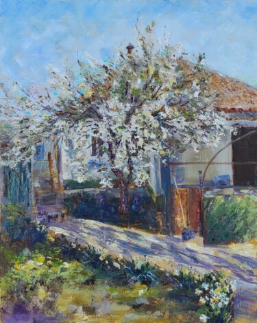 Painting titled "Spring blooming tre…" by Olga Ponomarenko, Original Artwork, Oil Mounted on Wood Stretcher frame