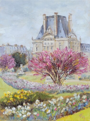 Painting titled "Jardin des Tuilerie…" by Olga Ponomarenko, Original Artwork, Oil Mounted on Wood Stretcher frame