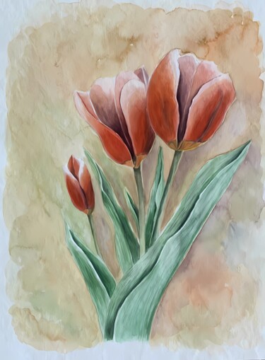 Pittura intitolato "Tulipani rossi" da Olga Poruchikova, Opera d'arte originale, Acquarello