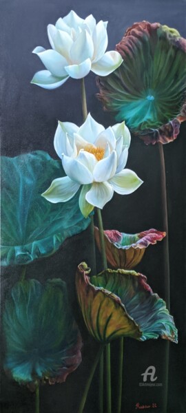 Peinture intitulée "Lotus" par Olga Kaszkur, Œuvre d'art originale, Huile