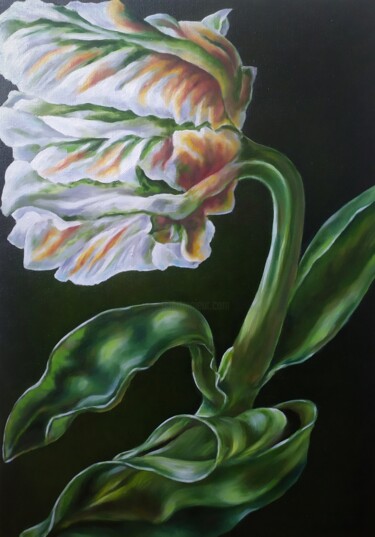 Картина под названием "The tulip in the wi…" - Olga Sarukhanova, Подлинное произведение искусства, Масло Установлен на Дерев…