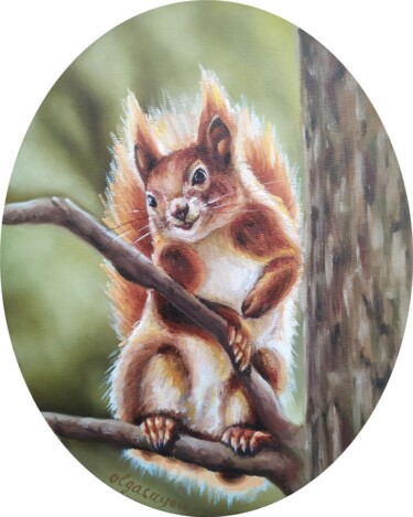 Картина под названием "Little squirrel 1" - Olga Sarukhanova, Подлинное произведение искусства, Масло Установлен на Деревянн…