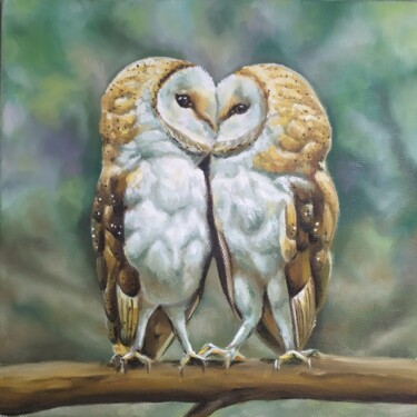 Painting titled "Owls in love" by Olga Sarukhanova, Original Artwork, Oil Mounted on Wood Stretcher frame