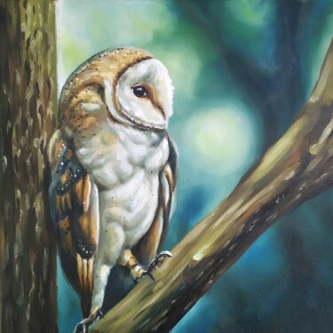 Painting titled "Owl in love" by Olga Sarukhanova, Original Artwork, Oil Mounted on Wood Stretcher frame