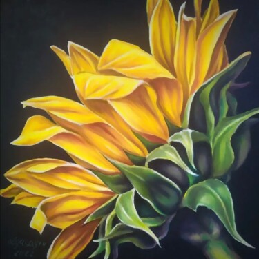 Painting titled "Sunflower" by Olga Sarukhanova, Original Artwork, Oil Mounted on Wood Stretcher frame