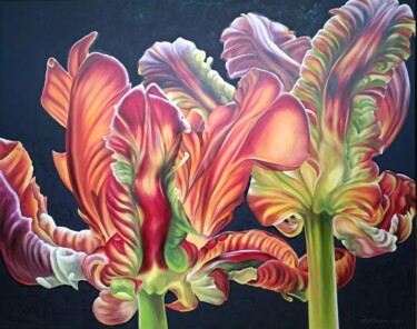 Painting titled "Tulips-1" by Olga Sarukhanova, Original Artwork, Oil Mounted on Wood Stretcher frame