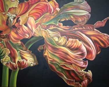 Schilderij getiteld "Tulips-2" door Olga Sarukhanova, Origineel Kunstwerk, Olie Gemonteerd op Frame voor houten brancard