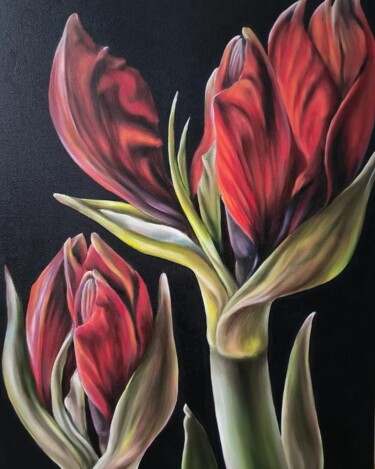 Картина под названием "Red amaryllis" - Olga Sarukhanova, Подлинное произведение искусства, Масло Установлен на Деревянная р…