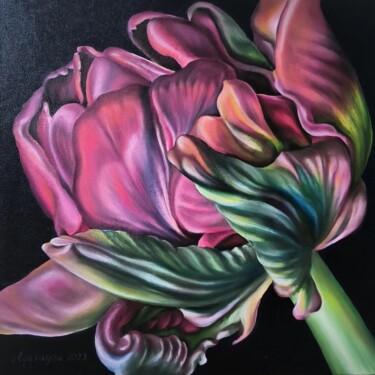 Painting titled "Tulip-3" by Olga Sarukhanova, Original Artwork, Oil Mounted on Wood Stretcher frame