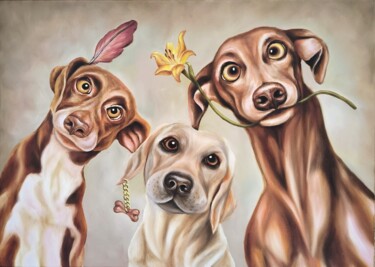 Painting titled "Three comrades" by Olga Sarukhanova, Original Artwork, Oil Mounted on Wood Stretcher frame