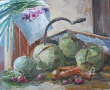 Painting titled "Still life with cab…" by Olga Selezneva, Original Artwork, Oil