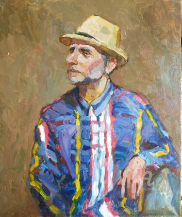 Painting titled "Портрет художника-м…" by Olga Selezneva, Original Artwork, Oil Mounted on Wood Stretcher frame