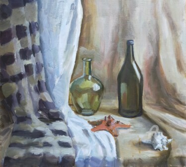 Painting titled "Натюрморт с бутылка…" by Olga Selezneva, Original Artwork, Oil Mounted on Wood Stretcher frame