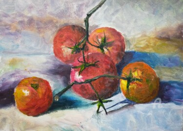 Painting titled "Tomatoes (Помидорчи…" by Olga Selezneva, Original Artwork, Oil Mounted on Wood Stretcher frame