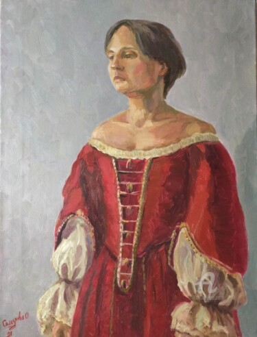 Картина под названием "Дама в Красном" - Olga Selezneva, Подлинное произведение искусства, Масло Установлен на Деревянная ра…