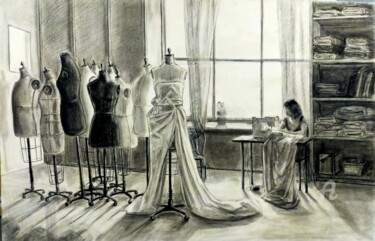 Desenho intitulada "Портниха" por Olga Selezneva, Obras de arte originais, Carvão